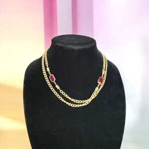 Monet Necklace Womens Gold Tone Red Glass Station Chain Bezel Layering Opera